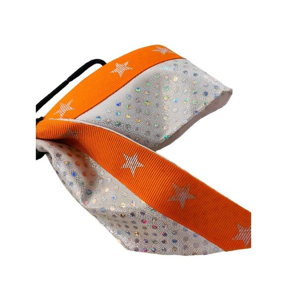 Girls Oversize Hair Bow 8" Elastic Ponytail Silver Orange Star Print - Picture 6 of 16